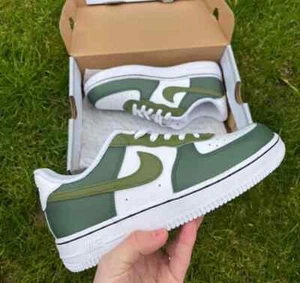 Nike Air Force 1 Custom White Shoes 'Dark Green' Sneaker Mens Womens Kids Sizes - Picture 1 of 15