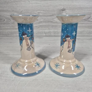 2 Weihnachts Keramik Kerzenständer Ständer Schneemann Winterszene - Bild 1 von 10