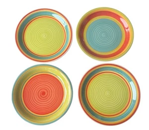 Set Of 4 Citrus Grove Hand Painted Lime/Orange/Blue Swirl Dinner Plates 10.25” - Picture 1 of 10