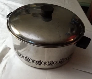 ECKO Pentola Stock Acciaio Inox 6 QUART 176 con Coperchio Fascia Floreale Nera Grande Vintage - Foto 1 di 10