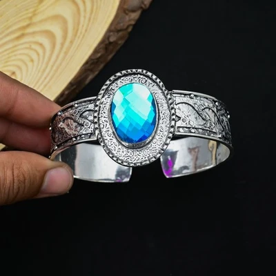 Unique Purple Mystic Topaz 925 Sterling Silver Handmade Jewelry Cuff Bangle - Image 1 of 4