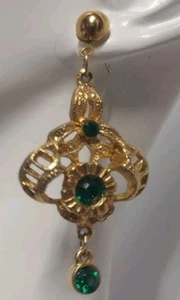 Goldtone Green Rhinestone Dangle Pierced Earrings - Picture 1 of 2