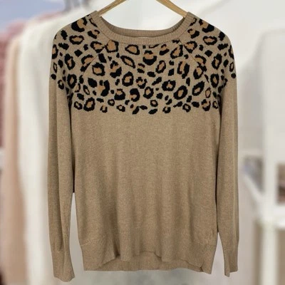 Suéter tejido leopardo Merona para mujer talla XL pulóver negro tostado Foto 1 de 4