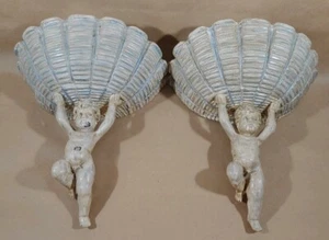 Pair of Antique Aluminum Cherub & Shell Wall Sconce Planters u-10I - Picture 1 of 11
