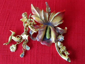 VIntage Retired Kirks Folly Orchid Fairy Gnome Hummingbird Enamel Dangle Pin - Picture 1 of 4