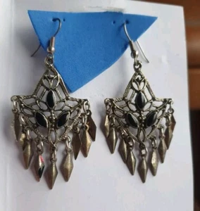 Dark Silver Tone Chandelier Earrings Black Enamel Pointy Ovals Dangly Rhombuses - Picture 1 of 14