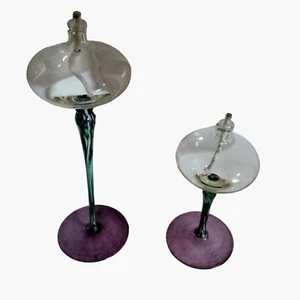 Handcrafted Glass Oil Candles Purple Base Green Swirled Stem Tall Pair - Picture 1 of 8