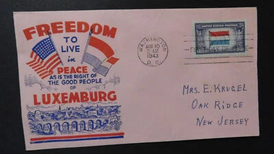 1943 Occupied Nations First Day Cover FDC Luxemburg Washington DC Oak Ridge NJ - Image 1 of 2