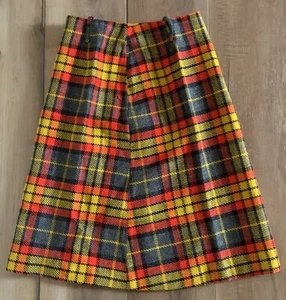 VTG 60s 70s Retro Neon Orange Yellow Twiggy Plaid Mini Pencil Skirt SEE DIM - Picture 1 of 9