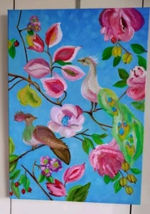 Schönes Öl Leinwand Gemälde im Crewel Stil - Bild 1 von 5