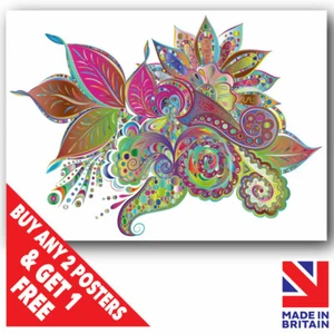 Colourful Floral Paisley Flowers Wall Art Poster Print A3 A4 A5 Sizes Laminated - Imagen 1 de 2