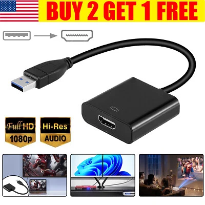 HD 1080P USB 3.0 to HDMI Video Cable Adapter For PC Laptop HDTV LCD TV Converter - Image 1 of 4
