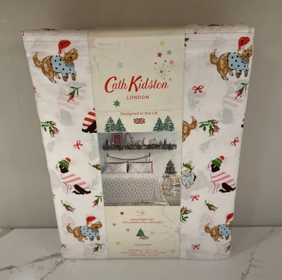 Cath Kidston London 4pc KING Cotton Christmas ~ PUPPY LOVE PINK ~ Sheet Set NIP - Image 1 of 4