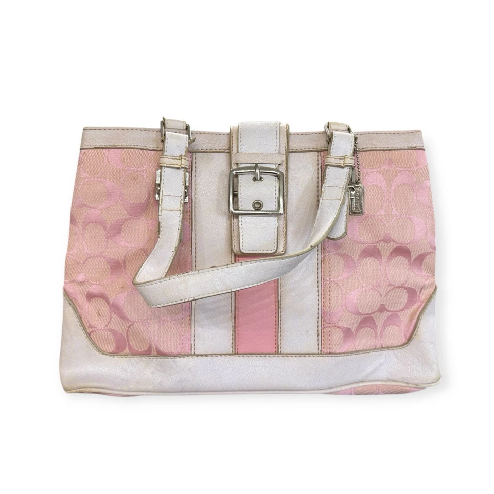 Bolso de hombro Coach Signature rosa a rayas 7056 de cuero rosa/blanco Foto 1 de 4