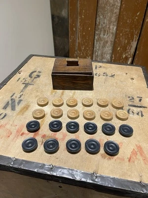 Vintage Antique Wooden Draughts Checkers Set With Storage Box Board Game - Image 1 of 4