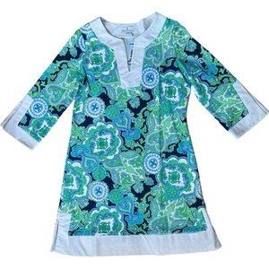 Jude Connally Paisley 3/4 Sleeve V-Neck Tunic Dress White/Green Women's Large - Picture 1 of 16