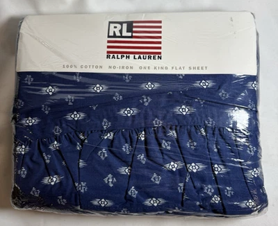 Ralph Lauren SHELLEY INDIGO Denim Estilo Azul Blanco King Sábana Plana, NUEVO Foto 1 de 4