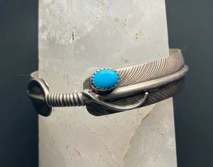 Sterling Silber Indianer Feder Manschette mit Türkis * Navajo - Bild 1 von 8