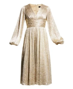 Aidan Mattox Gold Metallic Wrap Bodice V-Neck Long Blouson Sleeve Midi Dress 8 - Picture 1 of 19