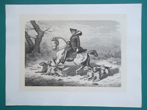 Cazador a caballo perros cuerno de caza Tally-ho Cry - 1878 ESCASO estampado antiguo - Imagen 1 de 1