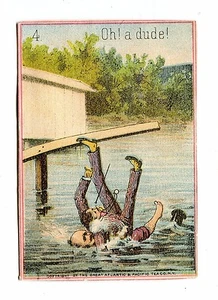 Victorian Trade Card GREAT ATLANTIC & PACIFIC TEA CO men falling into water A&P - Picture 1 of 2