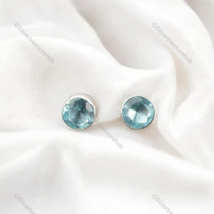 Round Sky Blue Topaz Gemstone Sterling Silver Stud Sister Anniversary Earrings - Picture 1 of 5