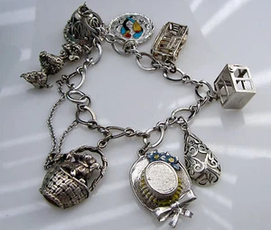 Vintage Sterling Silver Poodle Dog Hat Flower Enamel 50.1 Gram Charm Bracelet - Picture 1 of 11