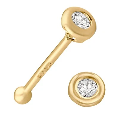14k Solid Gold 1 Round Clear Cubic Zirconia Bezel Setting 22g Ball End Nose Bone - Image 1 of 2