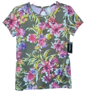 Ideology Floral Blouse Gratitude Green Tropical Keyhole T-Shirt Classic Size L - Picture 1 of 3
