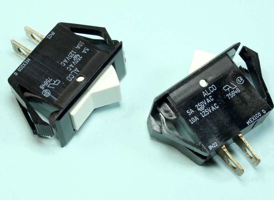 2pcs Alco White Rocker Switch SPST, 10A, 125VAC, 5A @ 250VAC Panel Mount