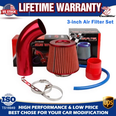 3" Car Cold Air Intake Filter Induction Pipe Power Flow Hose System Part Red NEW - Image 1 of 4