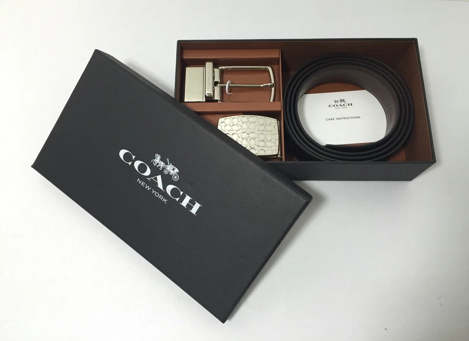 NWT COACH~Black/ Dark Brown~SPLQ Leather Reversible Belt F65186 One Size Fit All - Image 1 of 1