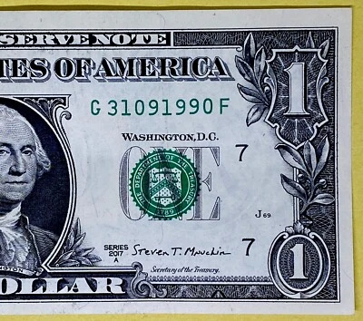 1990 Year Note G 31091990 F 9s 1s 0s Fancy Serial Number One Dollar Bill DC - Image 1 of 4