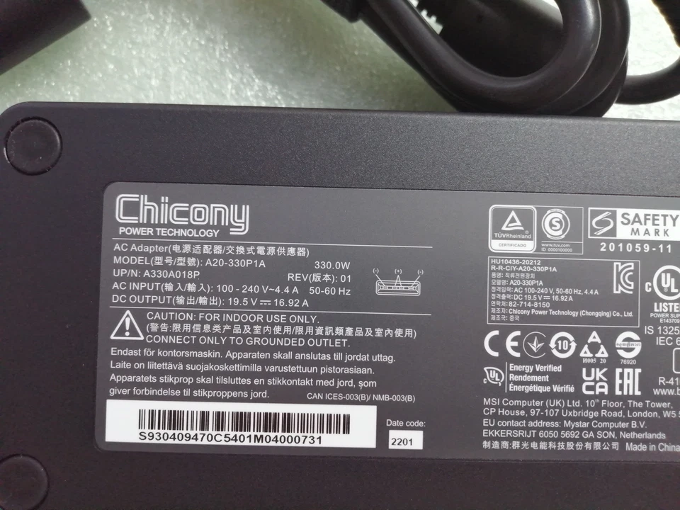全新原装 Chicony MSI A20-330P1A A330A018P GP76 19.5V 16.92A 330W 交流电适配器 — 第 1/4 张图片