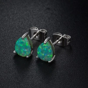 18K White Gold Plated Green Opal Teardrop Stud Earrings By Peermont Jewelry - Picture 1 of 2
