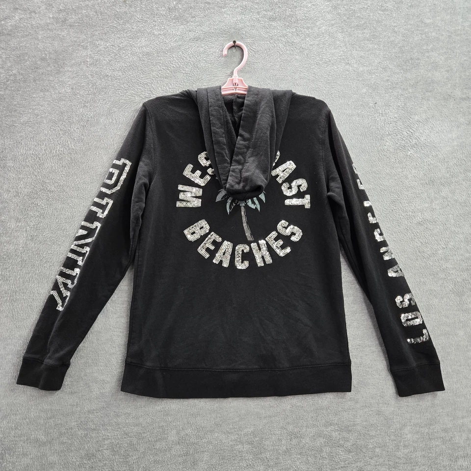 PINK Victoria's Secret Women Hoodie M Black LA West Coast Beaches Sequin READ - Image 1 of 4