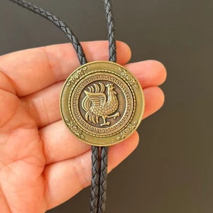 Round Brass Relief Rooster Balo Bolo Tie Black PU Leather Rope Wedding Necklace - Picture 1 of 12