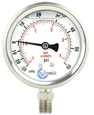 1-1/2" Vacuum Gauge Stainless Steel Case Liquid Filled, Lower Mnt -30 Hg/+60 psi - Image 1 of 4