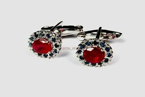 Heated Ruby & Blue Sapphire Gemstone with 925 Sterling Silver Cufflink #2528 - Picture 1 of 3