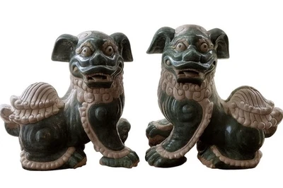 Par de estatuas monumentales antiguas chinas de porcelana verde esmeralda esmalte Foo Dog Foto 1 de 4
