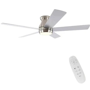 FINXIN 52 in. Brushed Nickel Flush Mount Ceiling Fan w/ LED Light & Remote - Picture 1 of 2