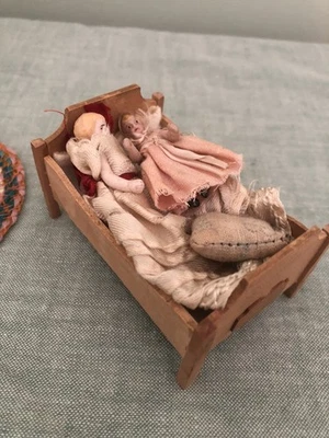 Pair Of All Bisque Jointed Carl Horn Dolls In Antique Dollhouse Bed - Image 1 of 4