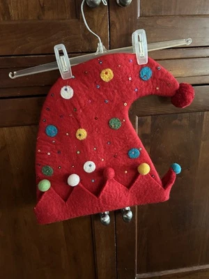 Quality Christmas Elf Hat Thick Red Wool w/ Pom Poms & Sequins Child Large  21" - Image 1 of 2