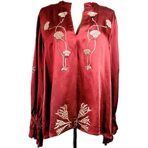 Carolina K Floral Embroidered Blouse Boho Chic Size L Burgundy Ruffled Designer - Picture 1 of 10