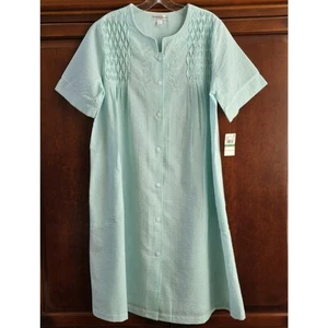 Miss Elaine Women's Embroidered Short Grip Robe Mint Seersucker Size L NWT - Picture 1 of 8