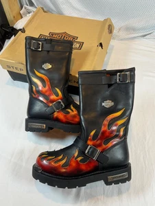 Harley Flame Riding Boots Size 7 Mens Black Red Vintage Y2K RARE High Orange - Picture 1 of 24