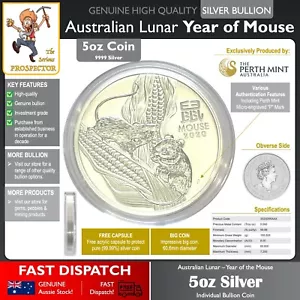 5oz Silver Bullion Coin 99.99% | 2020 Year of Mouse | Perth Mint capsule 5 ounce - Picture 1 of 2