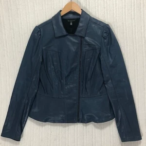 White House Black Market Leather Jacket Moto Style Blue Women's Size 12 - Picture 1 of 7