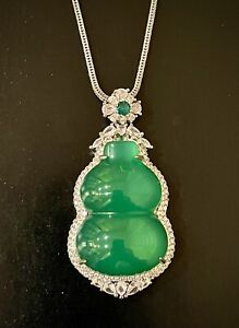 Natural Green Chalcedony Jade Gourd Silver 925 Necklace Men-Women's Pendant