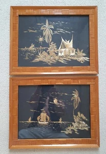 2 x Asiatisch Holz Bast Stroh Kunst Bild Dorf Palmen Handarbeit 47 x 37cm TOP - Bild 1 von 24